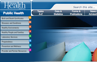 Image of the State of Oregon Public Health Website